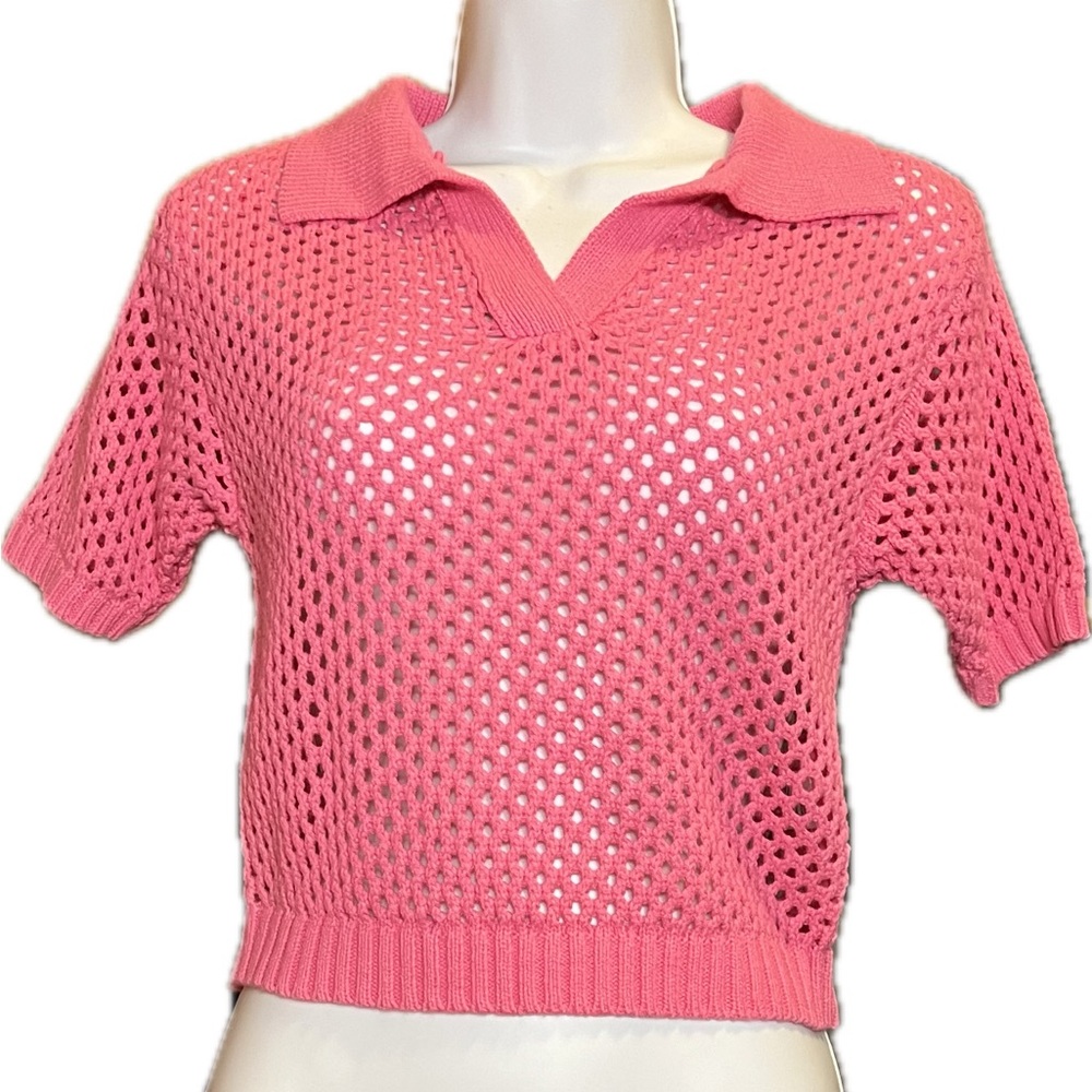 Hot Pink Mesh Polo-Style Beach Cover-Up